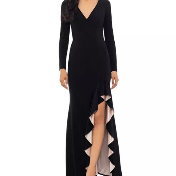 Xscape Black Nude V-Neck Long Sleeve Gown - Picture 1 of 6